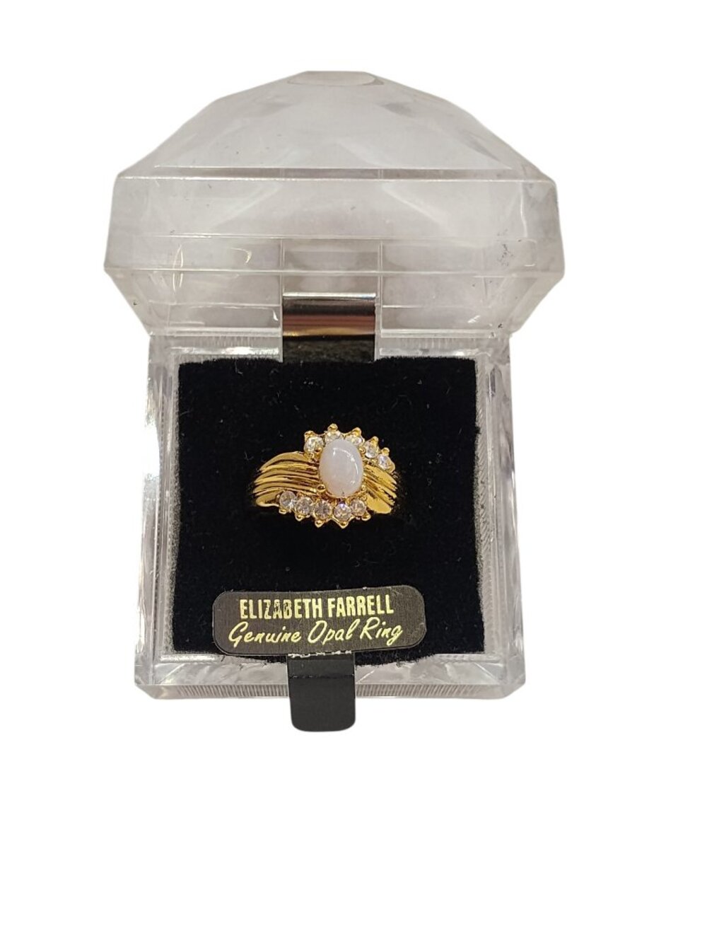 Vintage Elizabeth Farrell Genuine Opal Gold Tone Ring 70's 80's Costume Jewelry